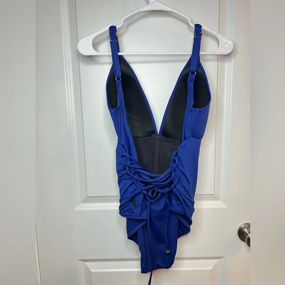 Navy Corset Lace Up Slimming 1-Piece Swimsuit Sz 14 Preowned